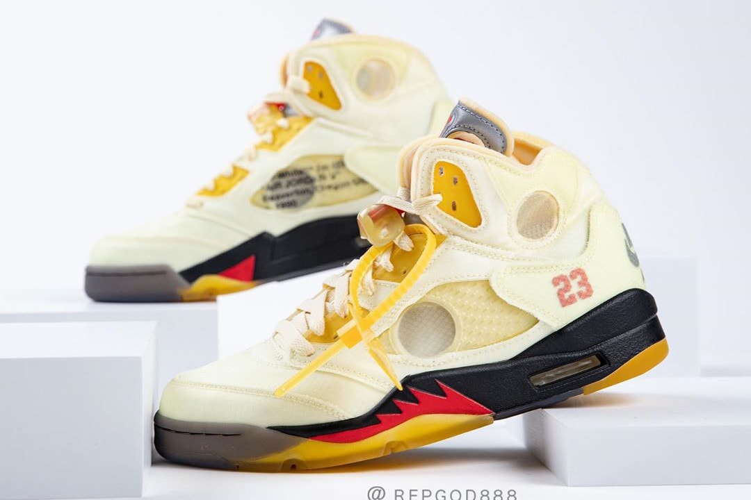 off white air jordan brand 5 sail black fire red red DH8565 100 virgil abloh first official detailed look release date info photos price store raffle on foot list buying guide