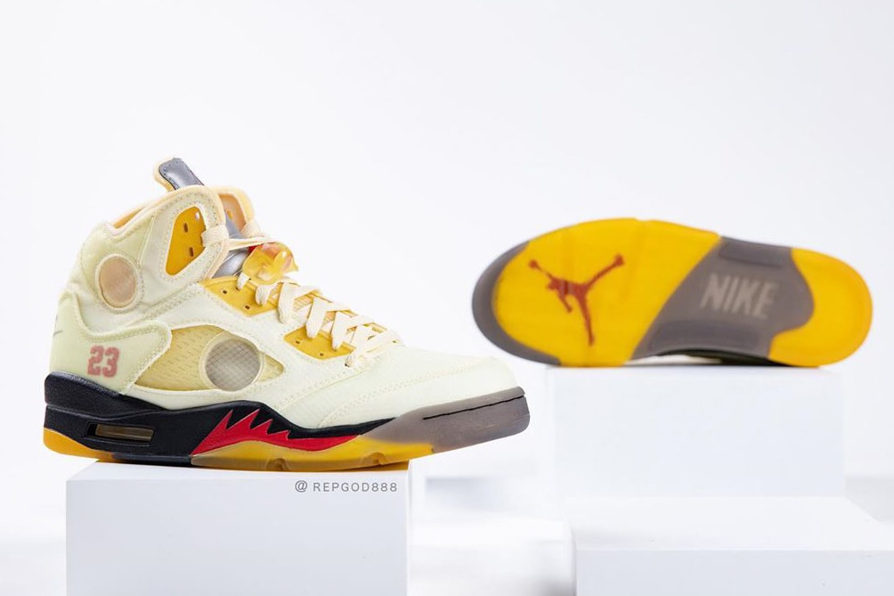 off white air jordan brand 5 sail black fire red red DH8565 100 virgil abloh first official detailed look release date info photos price store raffle on foot list buying guide