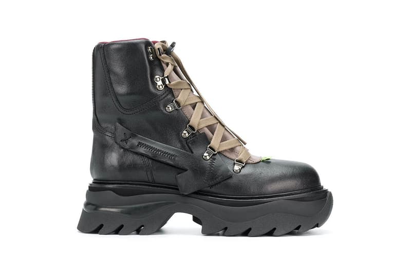 Off-White™ Black Equipment Combat Boots Release Information First Look Chunky Boot Virgil Abloh Designer Footwear Shoe Drop Bulky Utilitarian Leather OMIA184E20LEA001 "SHOELACES" Toggle