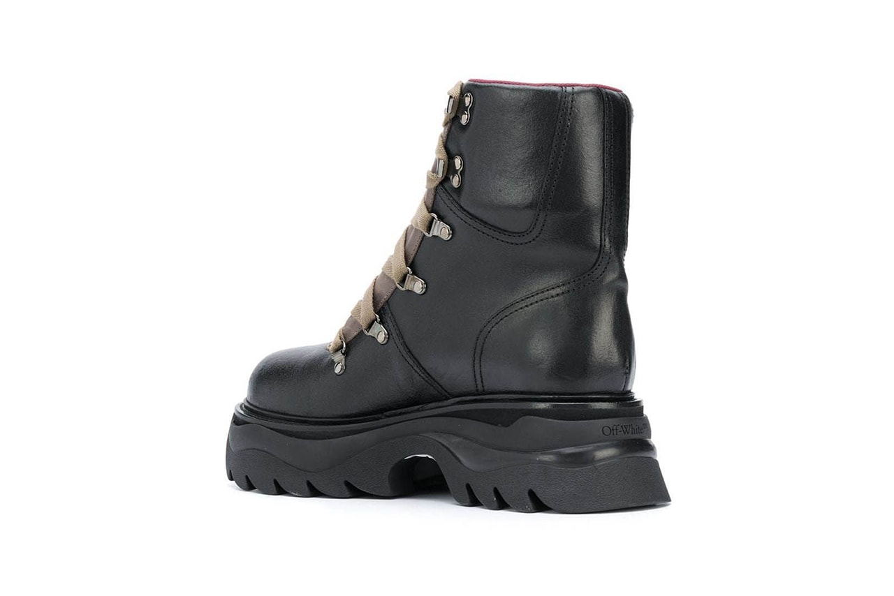 Off-White™ Black Equipment Combat Boots Release Information First Look Chunky Boot Virgil Abloh Designer Footwear Shoe Drop Bulky Utilitarian Leather OMIA184E20LEA001 "SHOELACES" Toggle 