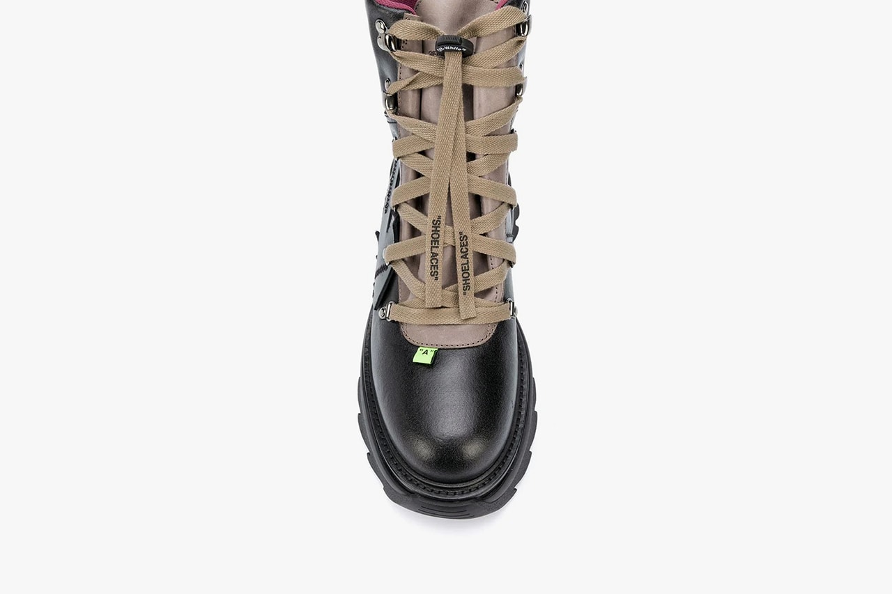 Off-White™ Black Equipment Combat Boots Release Information First Look Chunky Boot Virgil Abloh Designer Footwear Shoe Drop Bulky Utilitarian Leather OMIA184E20LEA001 "SHOELACES" Toggle 