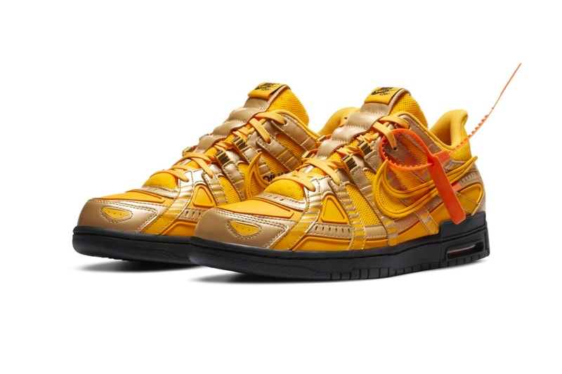 Off White Nike Air Rubber Dunk University Gold Official Look CU6015-700 Release Info Black Date Buy Price Green Strike University Blue