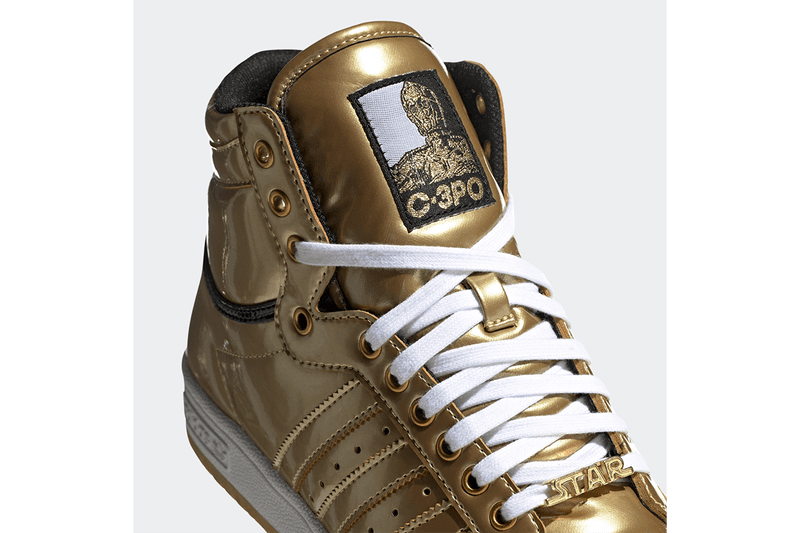 'Star Wars' x adidas Originals Top Ten Hi C-3PO "Gold Metallic / Cloud White" FY2458 Lucasfilm Sneaker Collaboration Footwear Release Information Drop Date Films Sci-Fi