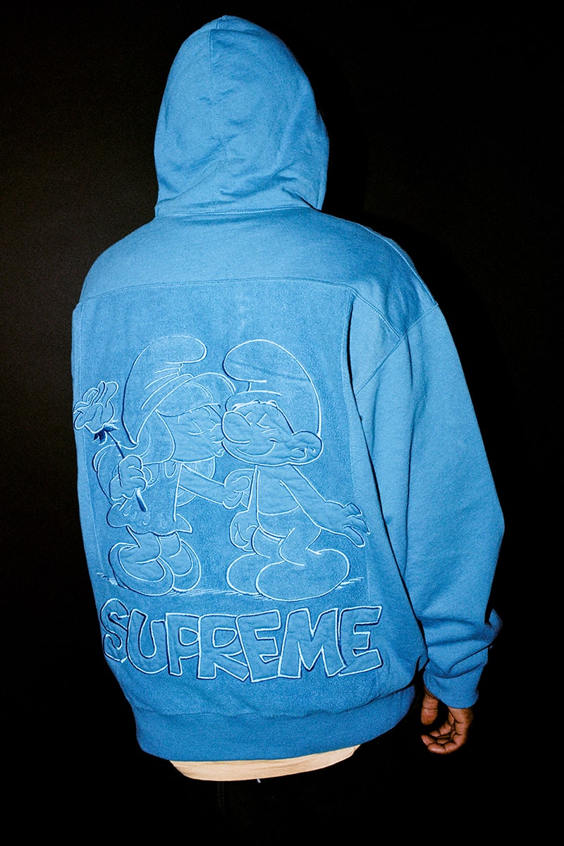 Supreme The Smurfs Fall Winter 2020 Collection Release Info Buy Price Date Leather Jacket GORE-TEX Shell Denim Trucker Sweater Hooded Pant Jeans T-Shirt Skateboard Beanie