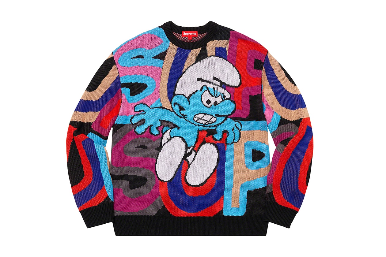 Supreme The Smurfs Fall Winter 2020 Collection Release Info Buy Price Date Leather Jacket GORE-TEX Shell Denim Trucker Sweater Hooded Pant Jeans T-Shirt Skateboard Beanie