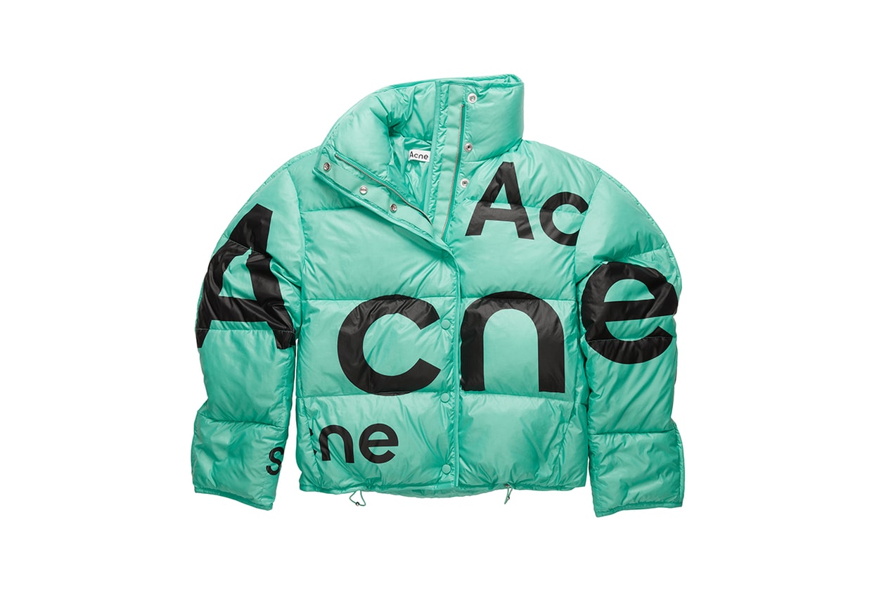 acne studios fall winter 2020 puffer jackets logo white rust orange turquoise blue details black release information