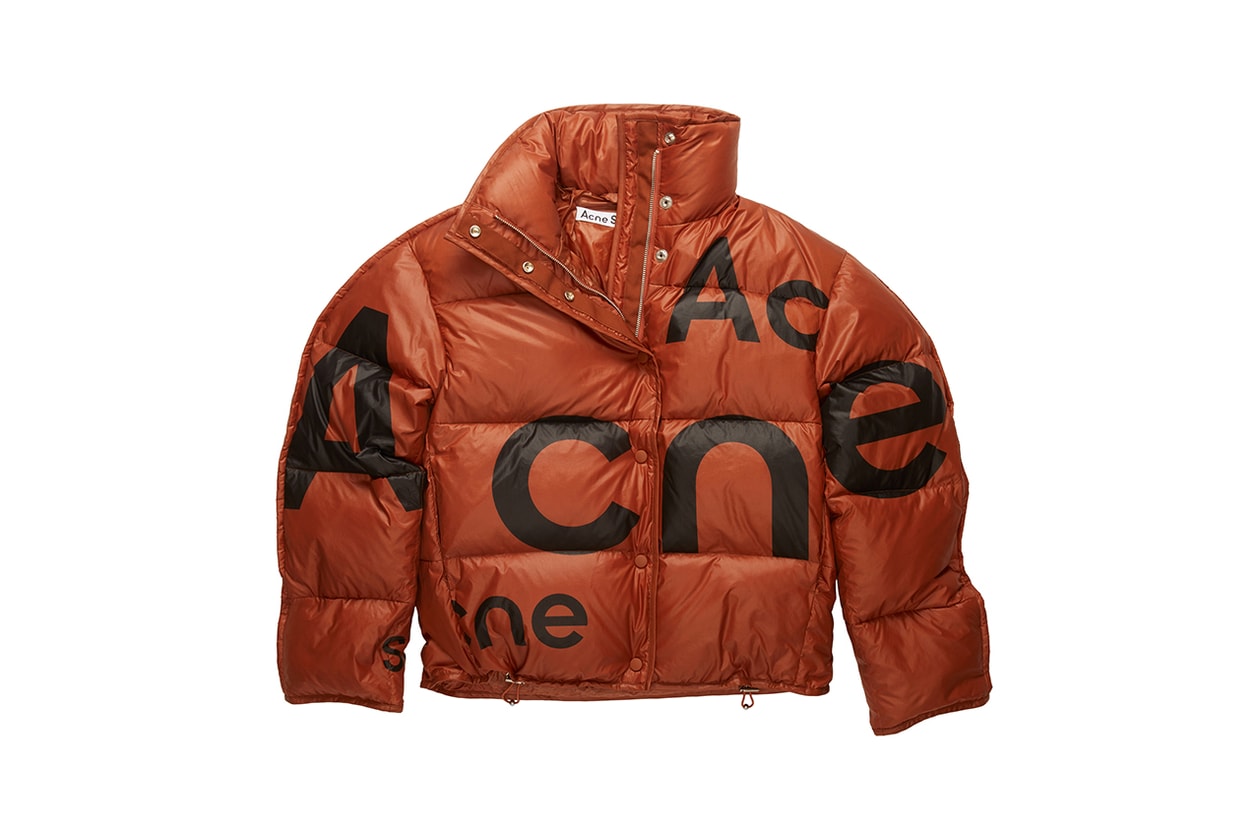 acne studios fall winter 2020 puffer jackets logo white rust orange turquoise blue details black release information