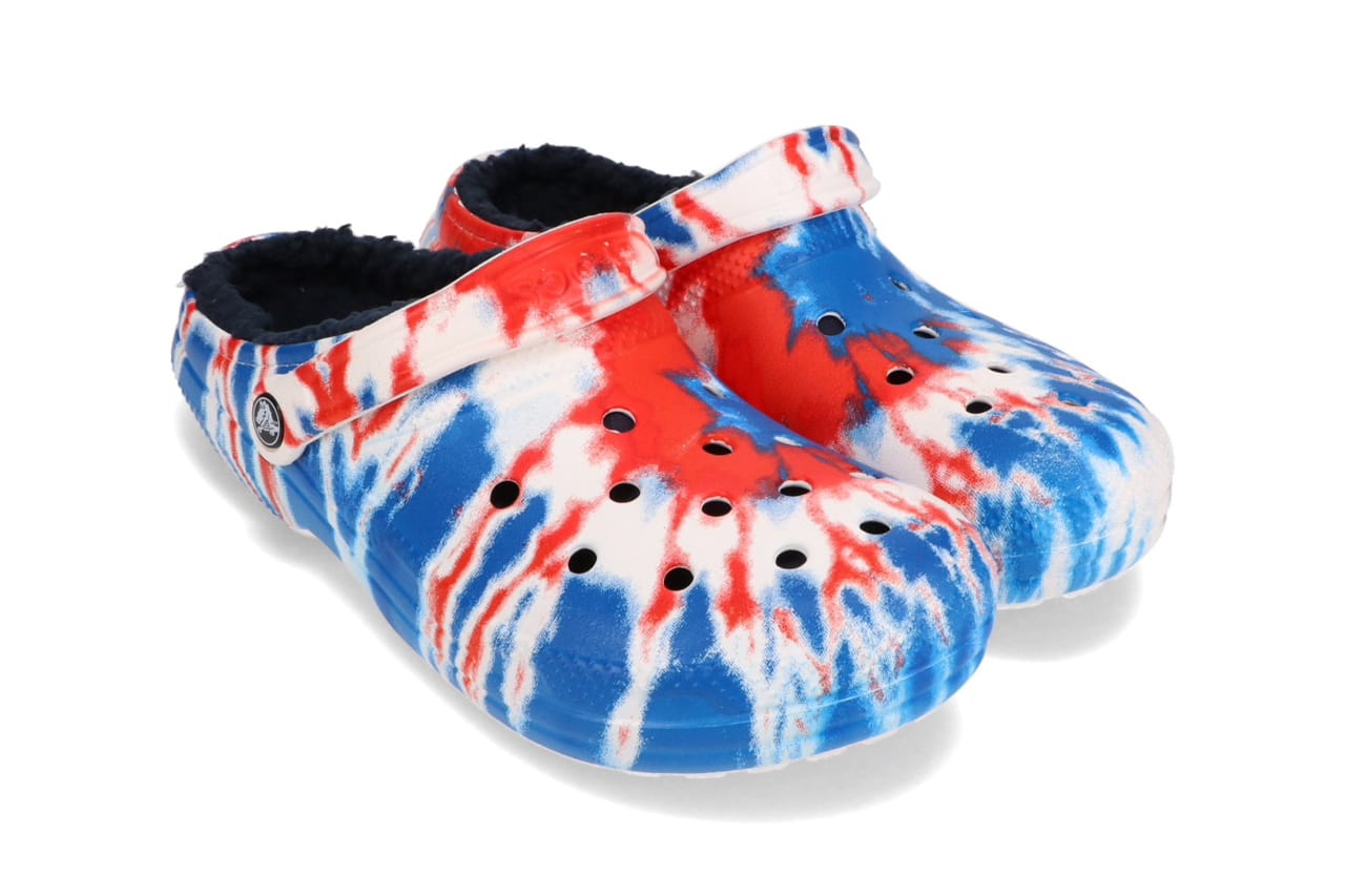 red white and blue tie dye crocs