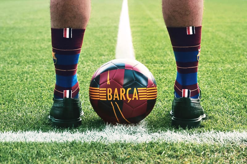 FC Barcelona Barca Foundation x Thom Browne Teaser capsule collaboration collection imagery release date info buy  fcb wool short suit, button-down cardigan, white oxford shirt, tie, scarf, socks, knit hat soccer football pebble grain folio