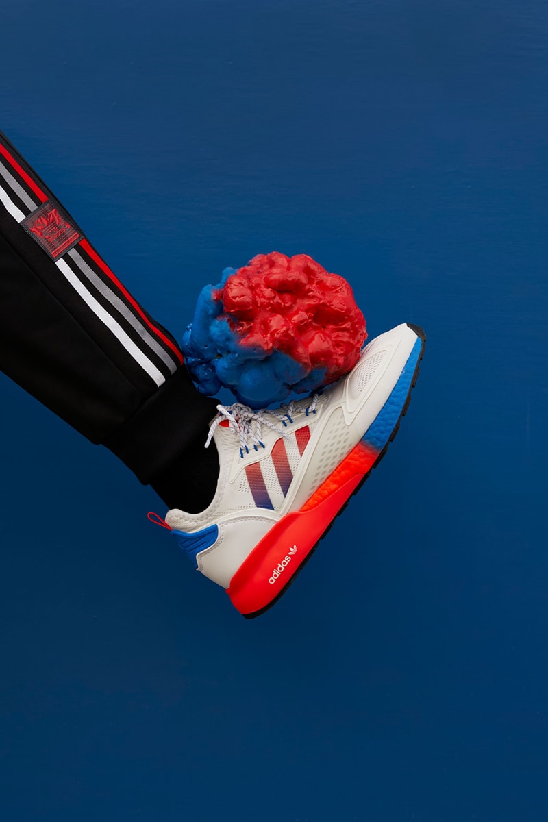 Oddly satisfying design and technology Zxience Network Ninja flexibility Sean Wotherspoon color gradients Mette Towley comfort actor Ranveer Singh squishiness Stream of ConZXiousness Adiprene X outsole solar red shock pink Stark Blue gradient sole white mesh upper black striples blue accents BOOST technology ombre colour palette toe to heel