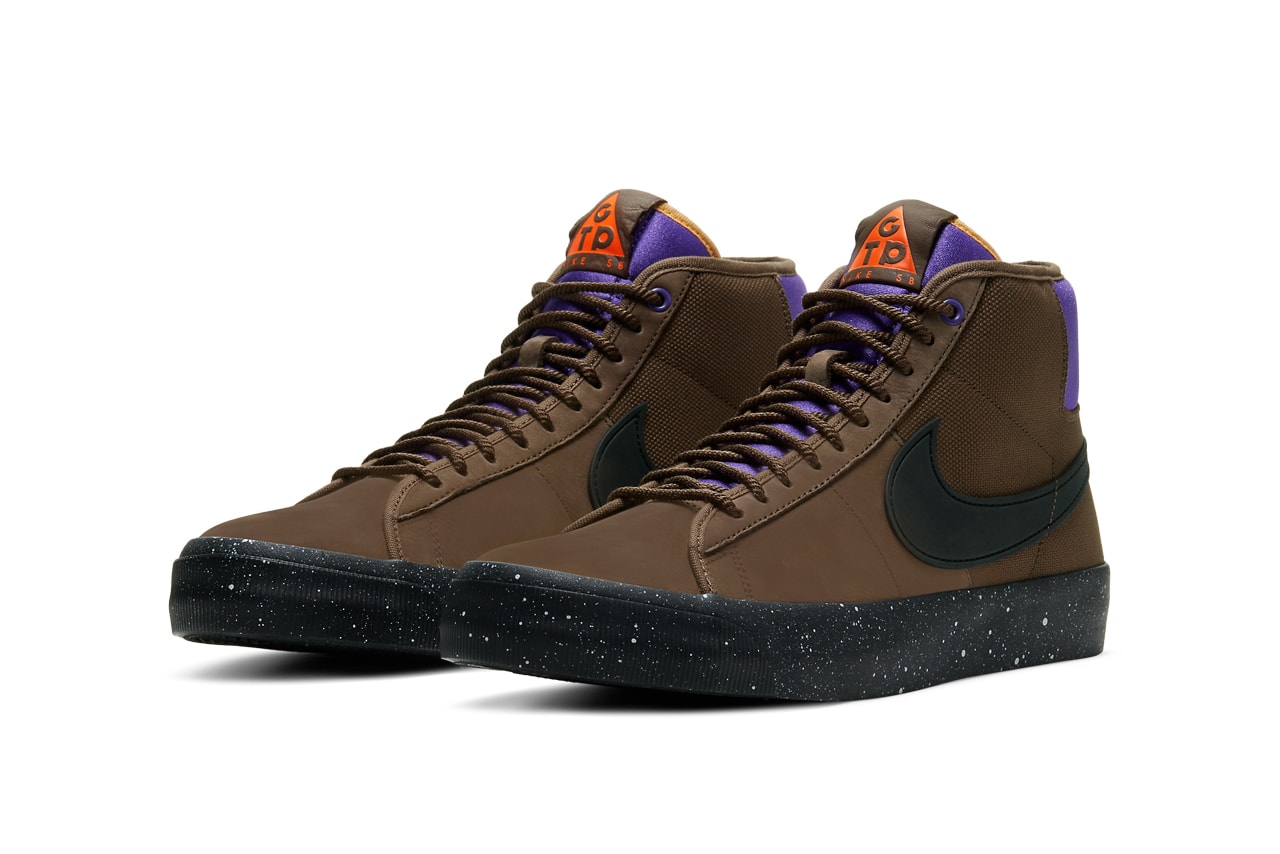 nike sb skateboarding zoom blazer mid pro gt grant taylor acg all conditions gear trails end brown prism violet purple total orange black DC0615 200 official release date info photos price store list buying guide