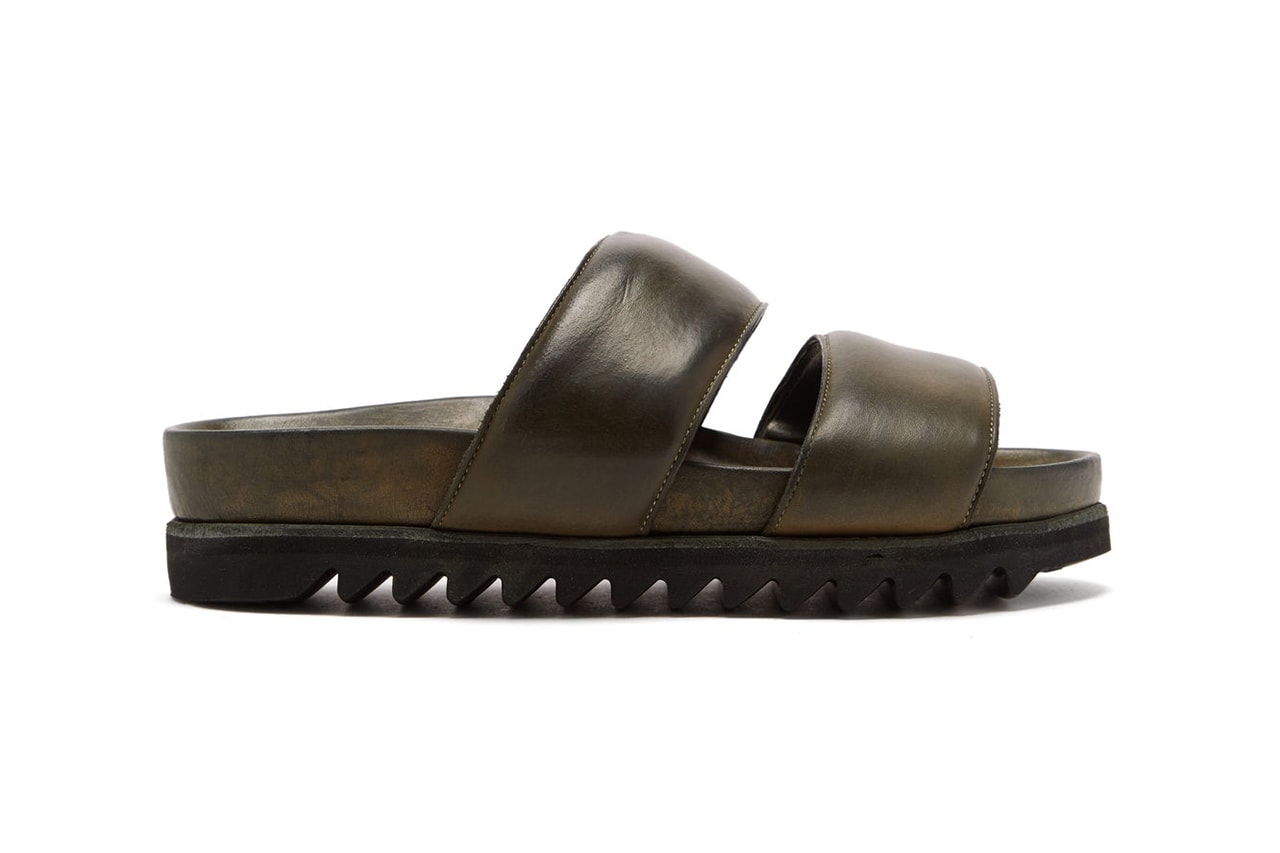 Guidi Ridged-Sole Leather Sandals Khaki Green Brown Luxury Slides Lugged Outsole Chunky Footwear Designer Hand Crafted Italy Footwear Release Information MatchesFashion.com $720 USD