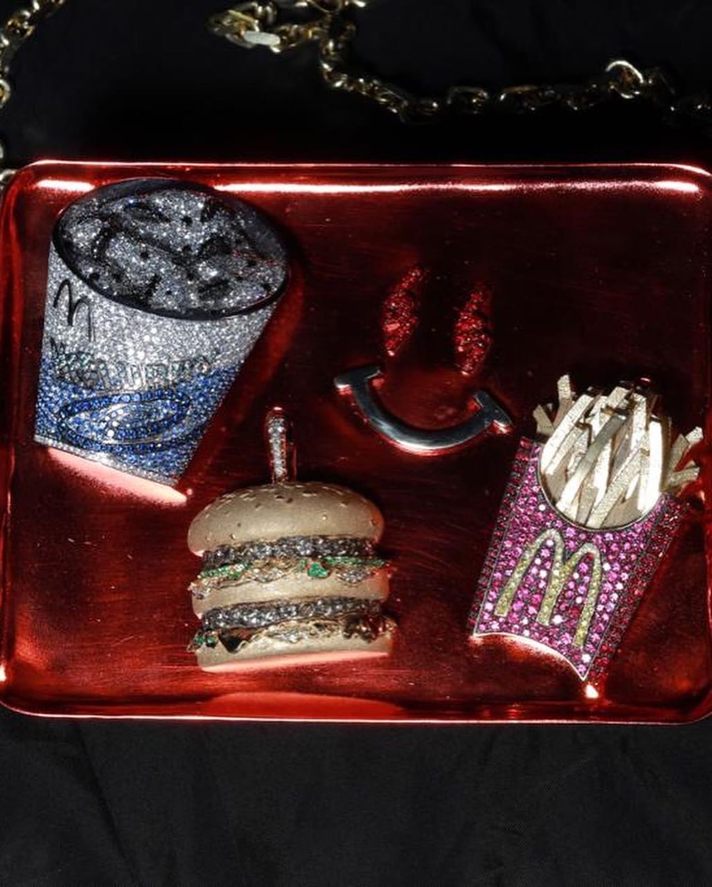 J Balvin x McDonald's Pendants by Saint Jewels big mac necklace tray serving oreo mcflurry french fries gerard alexander artist menu diamond gem ruby sapphire