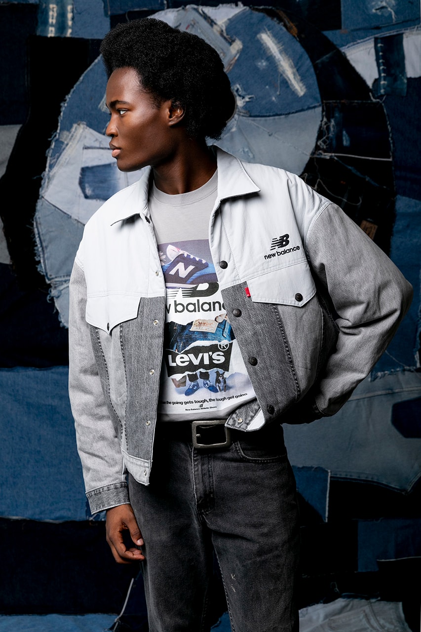 Levis new balance 327 sneaker denim trucker jackets reversible padded graphic t-shirt blue grey indigo white