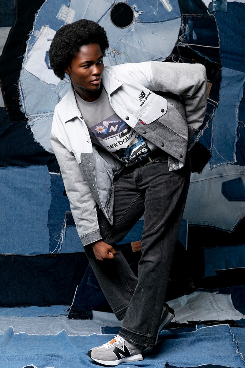 Levis new balance 327 sneaker denim trucker jackets reversible padded graphic t-shirt blue grey indigo white