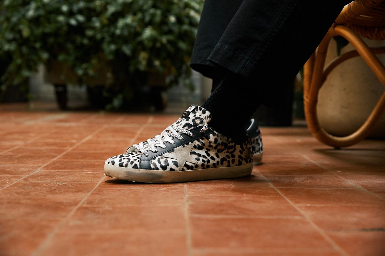 bloomingdales soft leopard-print calf hair signature Superstar distressed appliqué in black leather an off-white suede toe animal print monogram leather upper and lining Italian craftsmanship made in italy true to size graphic low-top sneaker women's unisex