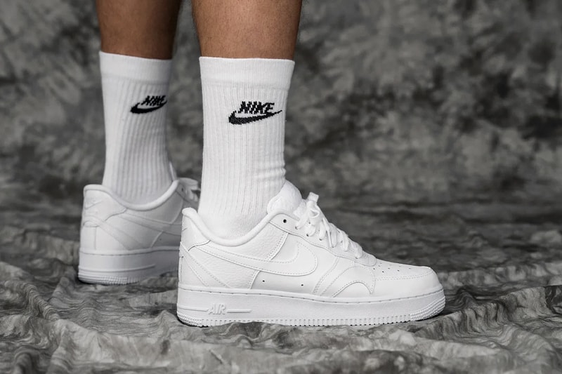 Nike Air Force 1 Low LV8 "Misplaced Swoosh" White Premium Luxury Tumbled Pebble Leather AF1 Swooshes Bruce Kilgore CK7214 100 Release Information Drop Date Closer Look Hypebeast Sneaker Shoe Trainer Footwear