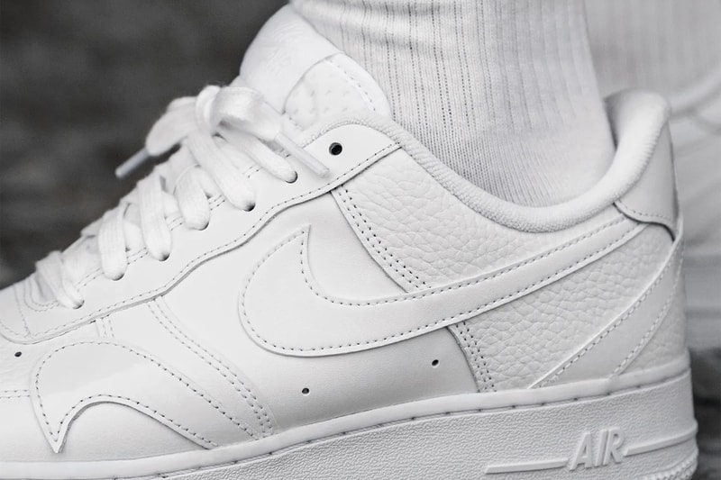 Nike Air Force 1 Low LV8 "Misplaced Swoosh" White Premium Luxury Tumbled Pebble Leather AF1 Swooshes Bruce Kilgore CK7214 100 Release Information Drop Date Closer Look Hypebeast Sneaker Shoe Trainer Footwear