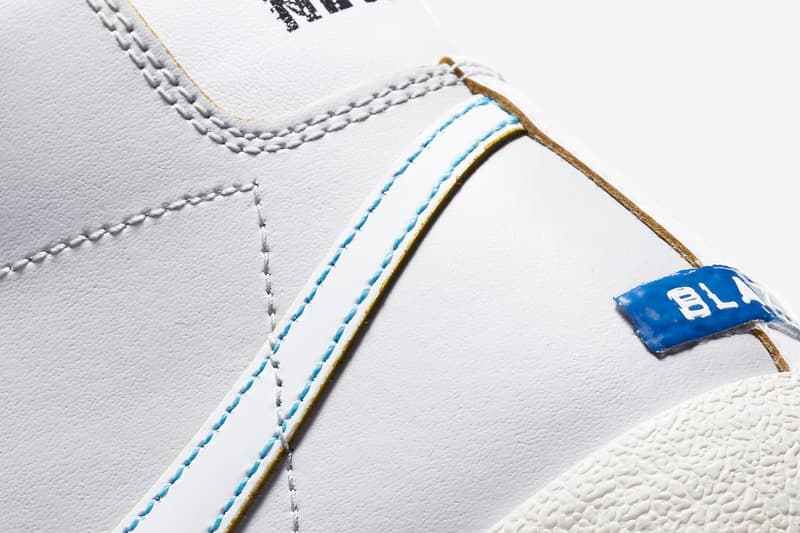Nike Blazer Mid '77 DC5203-100 White / Varsity Royal / Neutral Gray / Fear Purple Release Information Sneaker Drop Date Closer Look Label Maker Rub-Away Swoosh Logo Footwear OG Classic Basketball