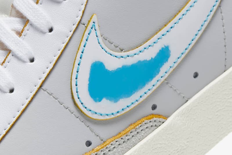 Nike Blazer Mid '77 DC5203-100 White / Varsity Royal / Neutral Gray / Fear Purple Release Information Sneaker Drop Date Closer Look Label Maker Rub-Away Swoosh Logo Footwear OG Classic Basketball