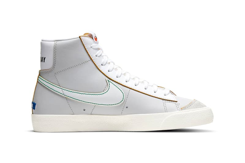 Nike Blazer Mid '77 DC5203-100 White / Varsity Royal / Neutral Gray / Fear Purple Release Information Sneaker Drop Date Closer Look Label Maker Rub-Away Swoosh Logo Footwear OG Classic Basketball