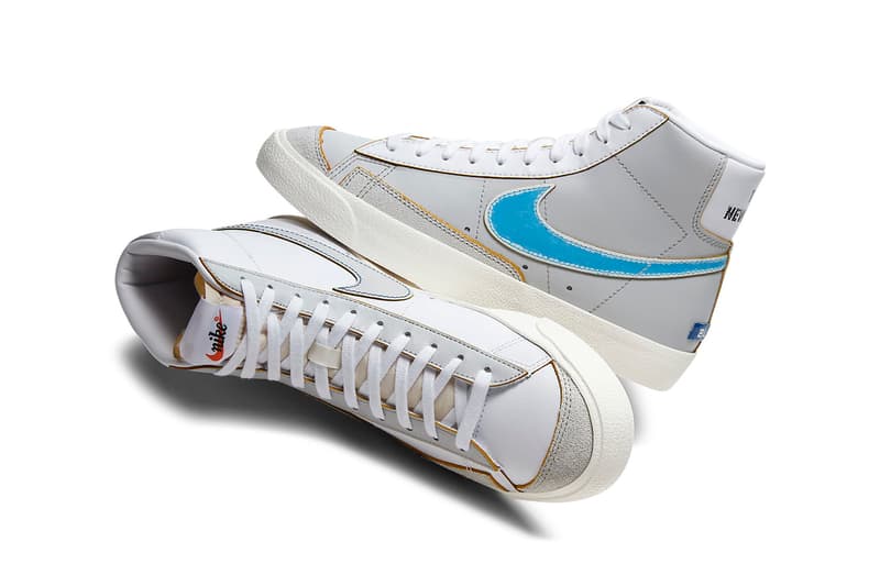 Nike Blazer Mid '77 DC5203-100 White / Varsity Royal / Neutral Gray / Fear Purple Release Information Sneaker Drop Date Closer Look Label Maker Rub-Away Swoosh Logo Footwear OG Classic Basketball