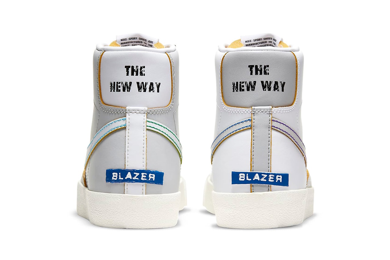 Nike Blazer Mid '77 DC5203-100 White / Varsity Royal / Neutral Gray / Fear Purple Release Information Sneaker Drop Date Closer Look Label Maker Rub-Away Swoosh Logo Footwear OG Classic Basketball