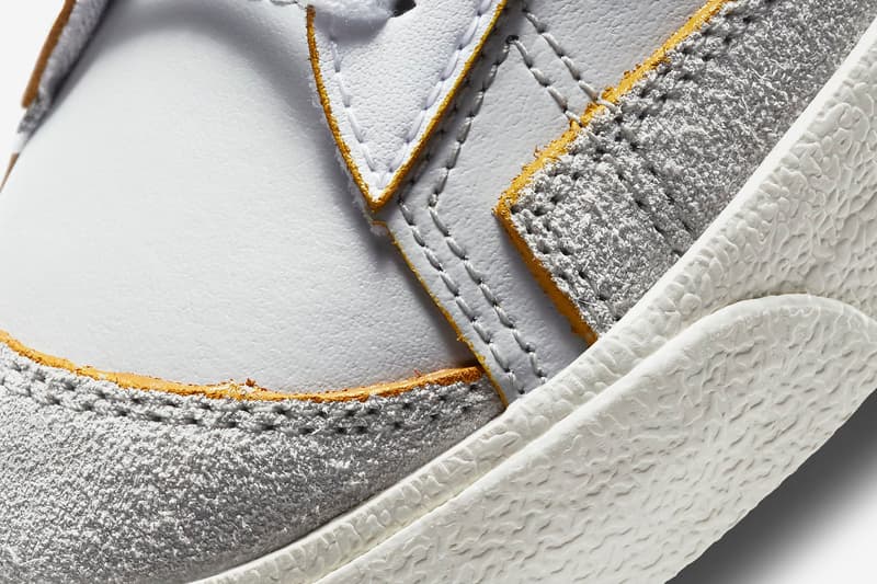 Nike Blazer Mid '77 DC5203-100 White / Varsity Royal / Neutral Gray / Fear Purple Release Information Sneaker Drop Date Closer Look Label Maker Rub-Away Swoosh Logo Footwear OG Classic Basketball