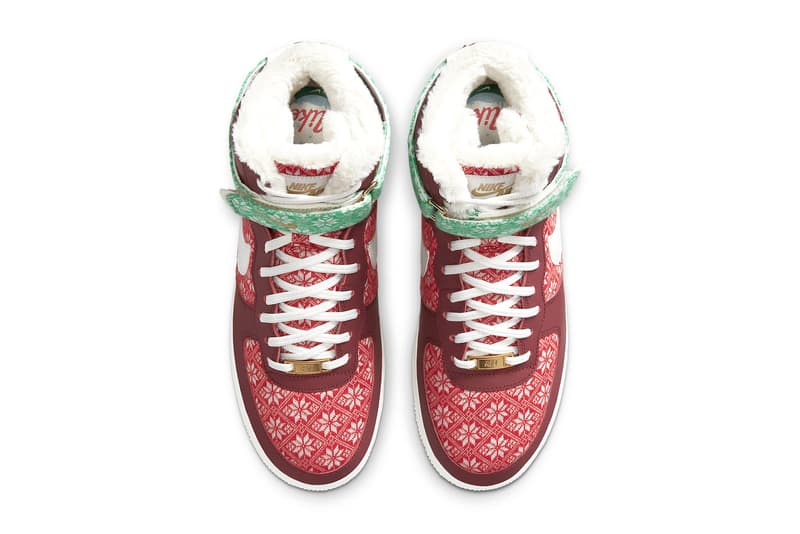 Nike Christmas Pack Air Force 1 Hi Blazer Mid Air Max 90 GS Xmas Seasonal Winter Sweaters Knitted Leather AF1 Saint Nicolas Father Christmas Ho Ho Ho Red White Green Fluff Snow Shoe Sneaker Release Information Closer First Look Swoosh Brand