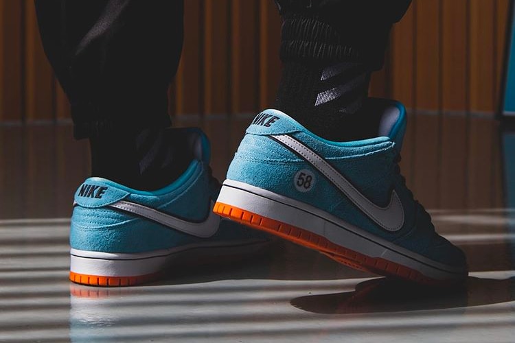 Nike SB Dunk Low Pro Club 58 First Look Release Info on foot closer BQ6817-401 Blue Chill Safety Orange Black White