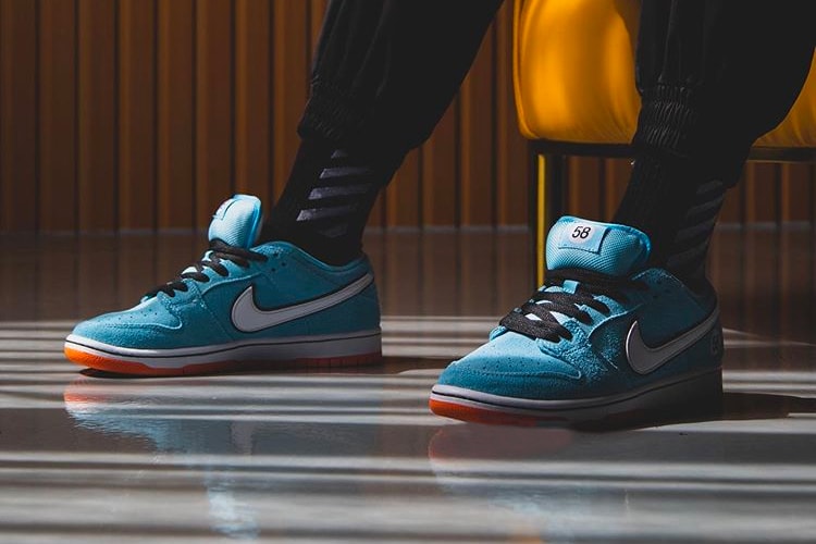 Nike SB Dunk Low Pro Club 58 First Look Release Info on foot closer BQ6817-401 Blue Chill Safety Orange Black White