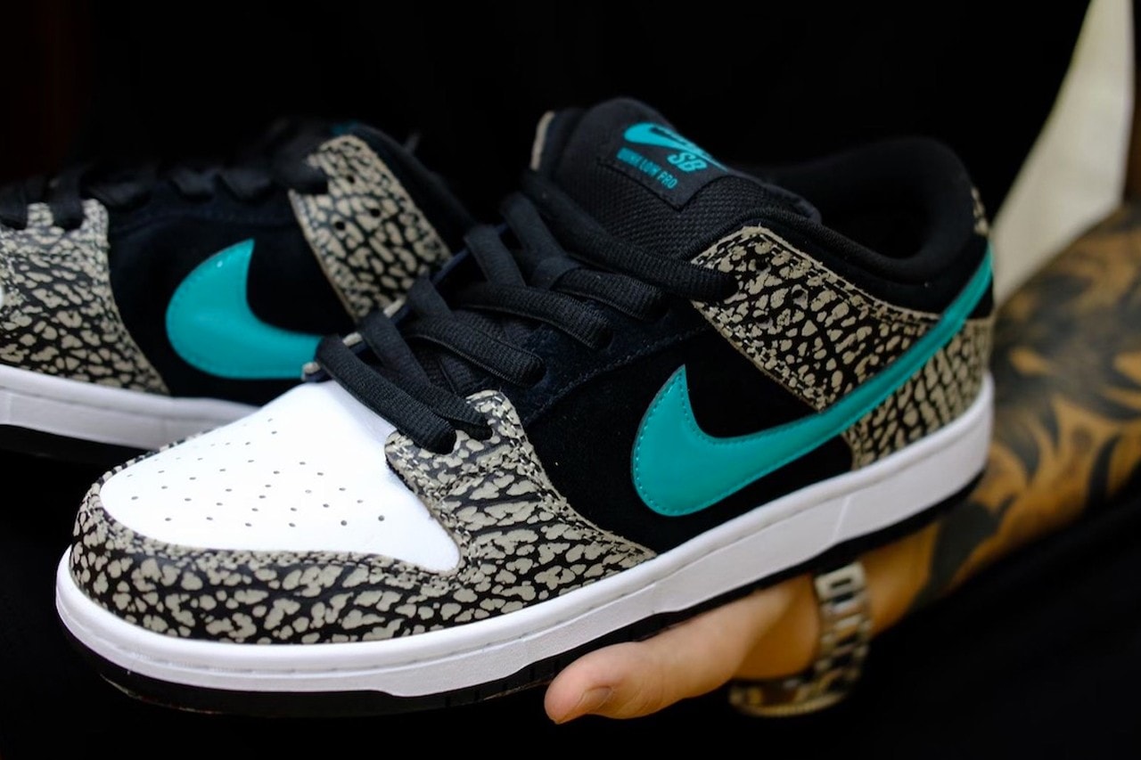 Nike SB Dunk Low "atmos Elephant" Closer Look Images Sneaker Release Information Drop Date Air Max 1 AM1 Tokyo Turquoise White Print Leather Swoosh