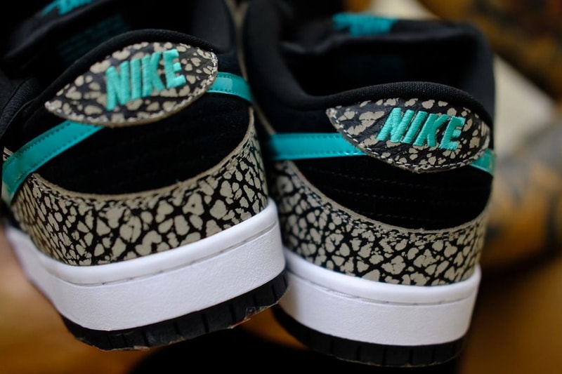 Nike SB Dunk Low "atmos Elephant" Closer Look Images Sneaker Release Information Drop Date Air Max 1 AM1 Tokyo Turquoise White Print Leather Swoosh