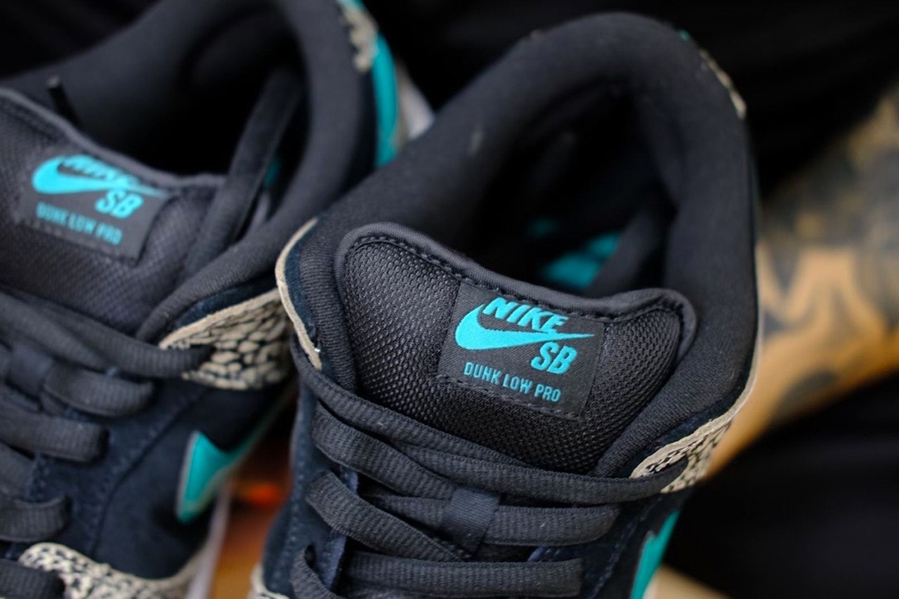 Nike SB Dunk Low "atmos Elephant" Closer Look Images Sneaker Release Information Drop Date Air Max 1 AM1 Tokyo Turquoise White Print Leather Swoosh