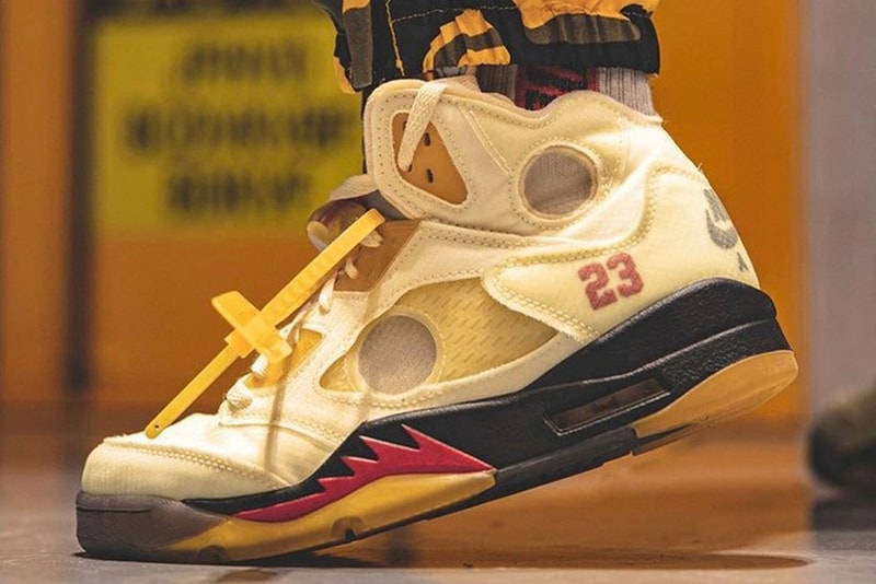 Off White Air Jordan 5 Sail Retro SP Release Date Info Virgil Abloh Buy Price Sail Fire Red Muslin Black