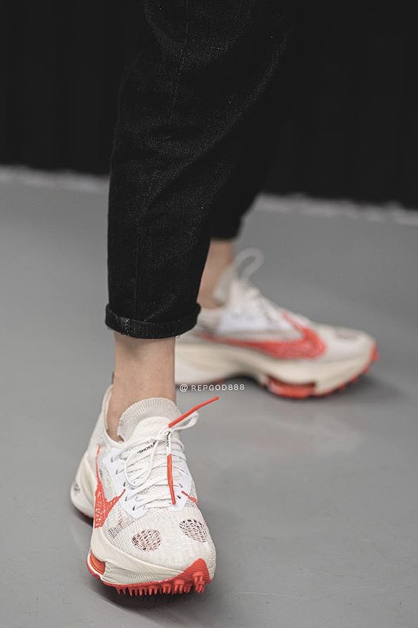 Off-White™ x Nike Air Zoom Tempo NEXT% Beige Off White Red Graffiti Swoosh Virgil Abloh Closer on Foot look Release Drop Date Information Early Pair Sneakers Footwear HYPE Collaboration Limited Edition Rare 