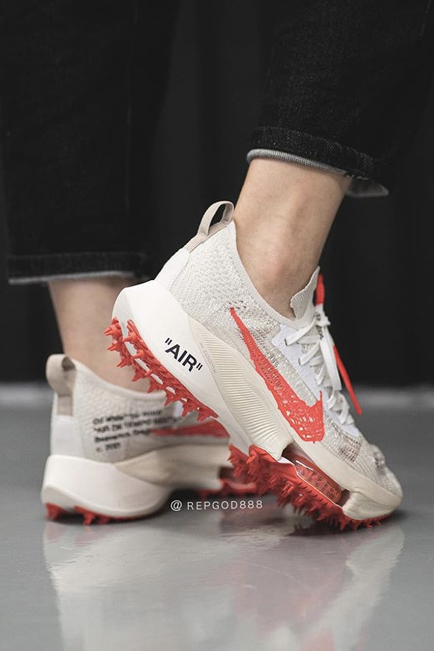 Off-White™ x Nike Air Zoom Tempo NEXT% Beige Off White Red Graffiti Swoosh Virgil Abloh Closer on Foot look Release Drop Date Information Early Pair Sneakers Footwear HYPE Collaboration Limited Edition Rare 