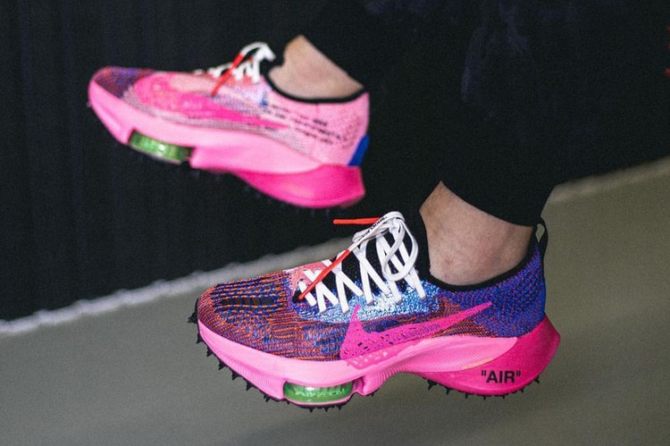 Off-White™ x Nike Air Zoom Tempo NEXT% Appears In Bright Pink and Blue Colorway