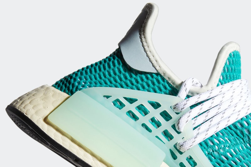 Pharrell Williams x adidas Originals Hu NMD Glory Grey / Dash Green / Sand Q46466 Sneaker Release Information BOOST Sole Unit Three Stripes Limited Edition Collaboration