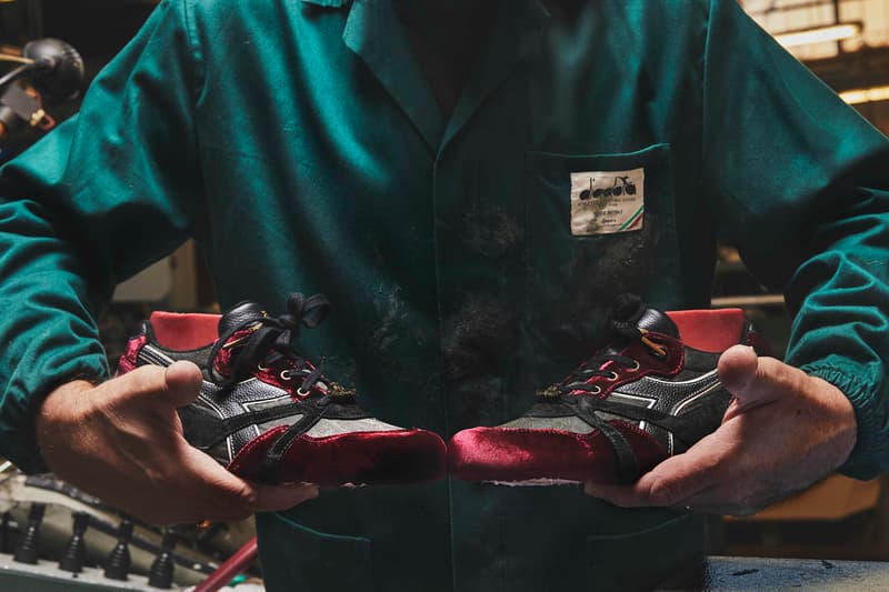 24 Kilates x Sabotage x Diadora N.9000 "In Vino Veritas" 30th Anniversary Special Limited Edition Collaborative Sneaker Drop Pair Release Information 800 Shoes Footwear Trainer Spanish Red Wine Velvet Velour Vineyard Camouflage Mark Ong