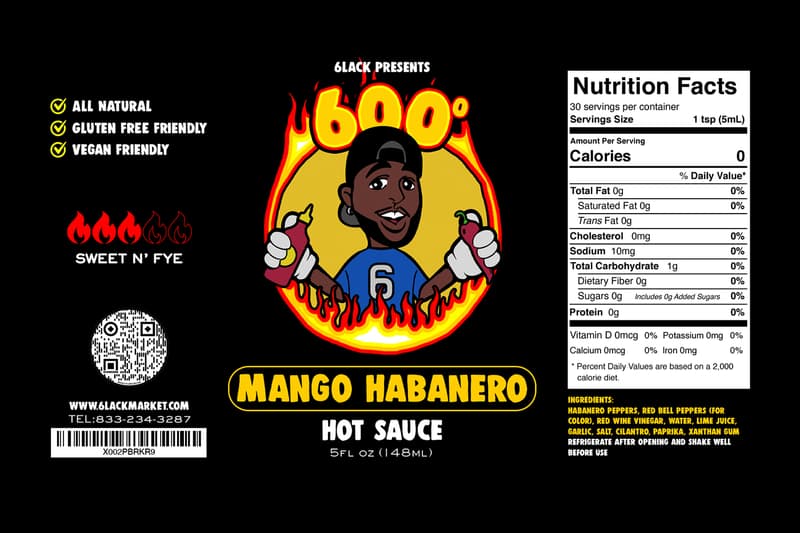 6LACK Fiery 600 Degrees Hot Sauce original habanero mango Habanero peppers red bell peppers red wine vinegar water lime juice garlic salt cilantro paprika xanthan gum