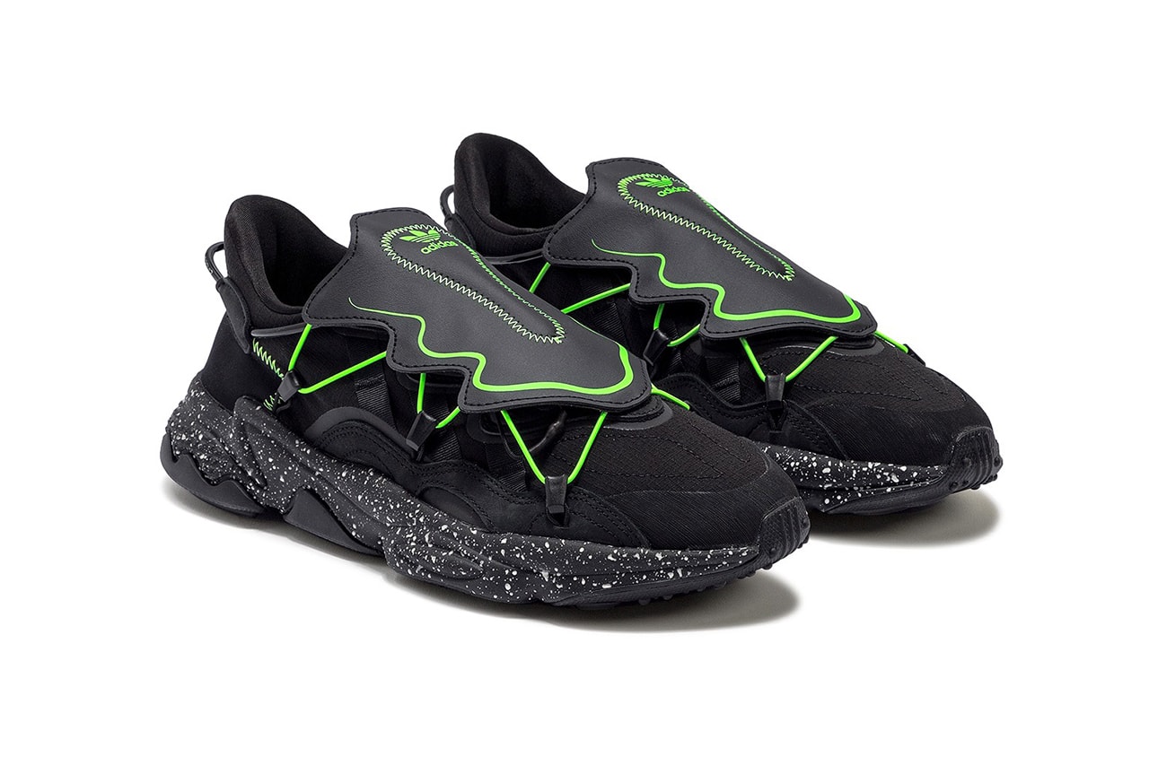 adidas Originals Ozweego "Core Black/Grey Six" fz1955 Sneaker Release Information Green Neon Shoe Lace Covering Shroud Futuristic Zig Zag Three Stripes 