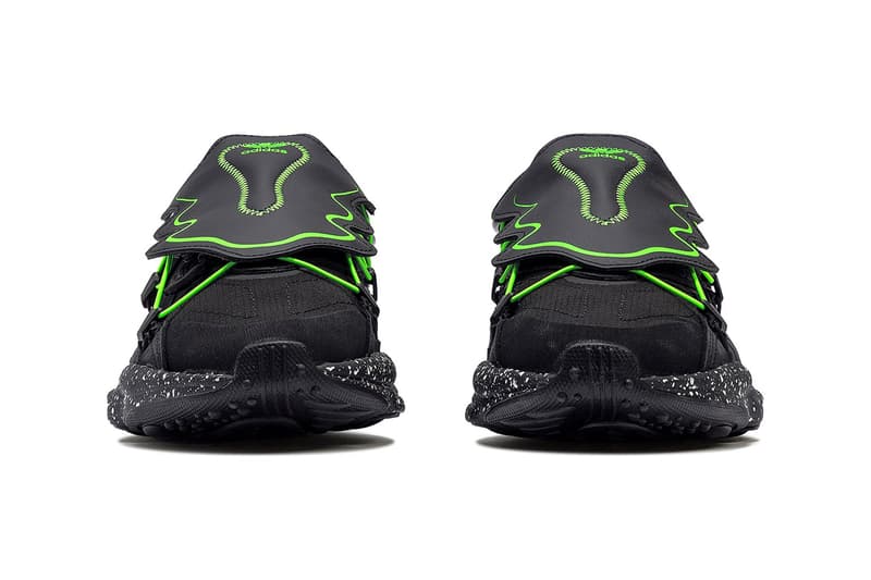 adidas Originals Ozweego "Core Black/Grey Six" fz1955 Sneaker Release Information Green Neon Shoe Lace Covering Shroud Futuristic Zig Zag Three Stripes