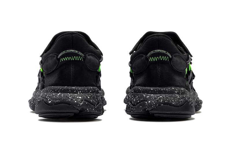 adidas Originals Ozweego "Core Black/Grey Six" fz1955 Sneaker Release Information Green Neon Shoe Lace Covering Shroud Futuristic Zig Zag Three Stripes