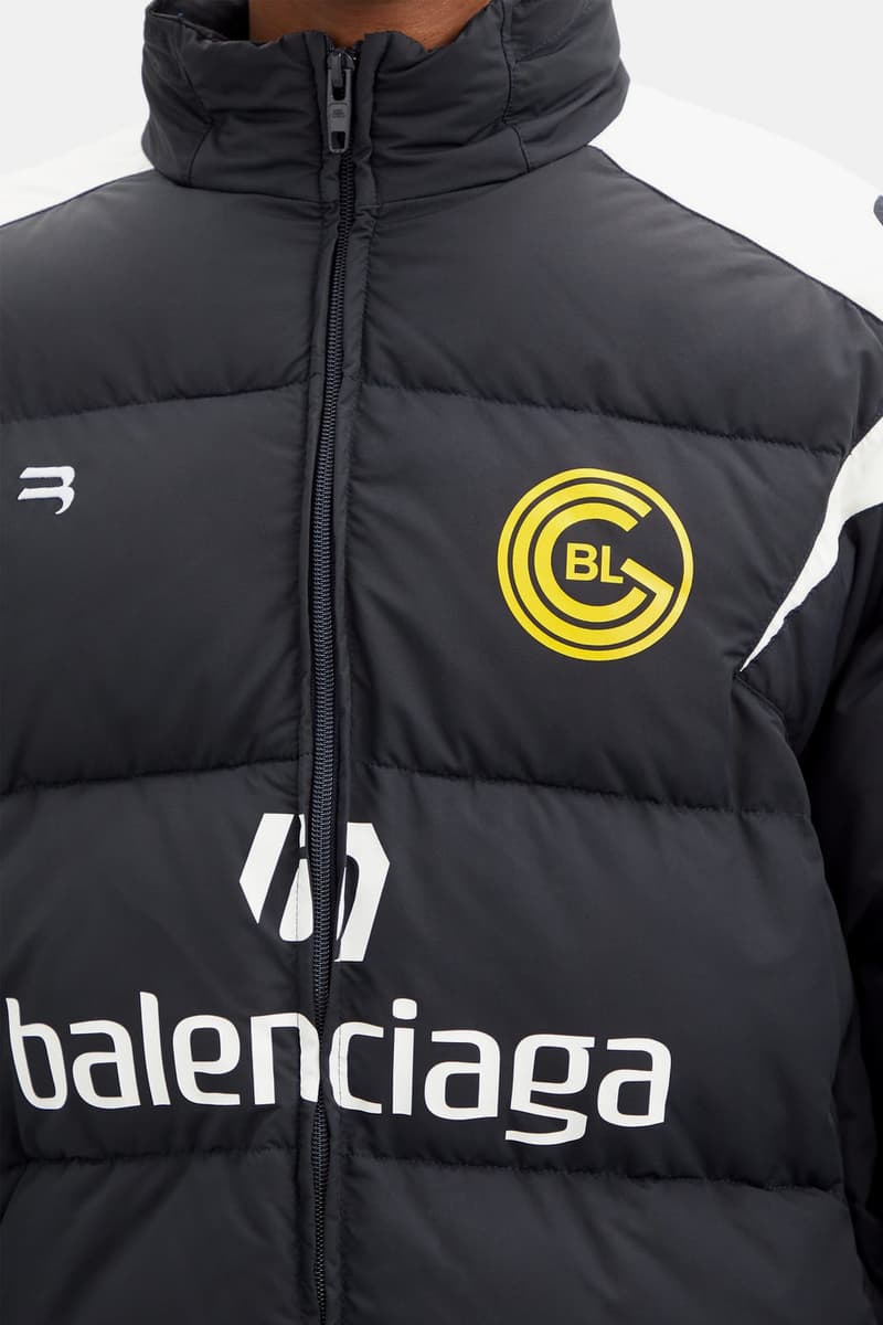 Balenciaga Logo-Printed Quilted Football Soccer Training Puffer Coat Fall Winter 2020 Outerwear Season Jacket Sports Navy White Teams Crest Funnel Neck $2868 USD