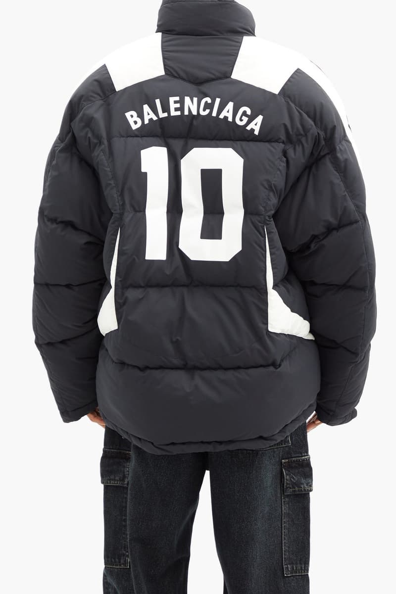 Balenciaga Logo-Printed Quilted Football Soccer Training Puffer Coat Fall Winter 2020 Outerwear Season Jacket Sports Navy White Teams Crest Funnel Neck $2868 USD