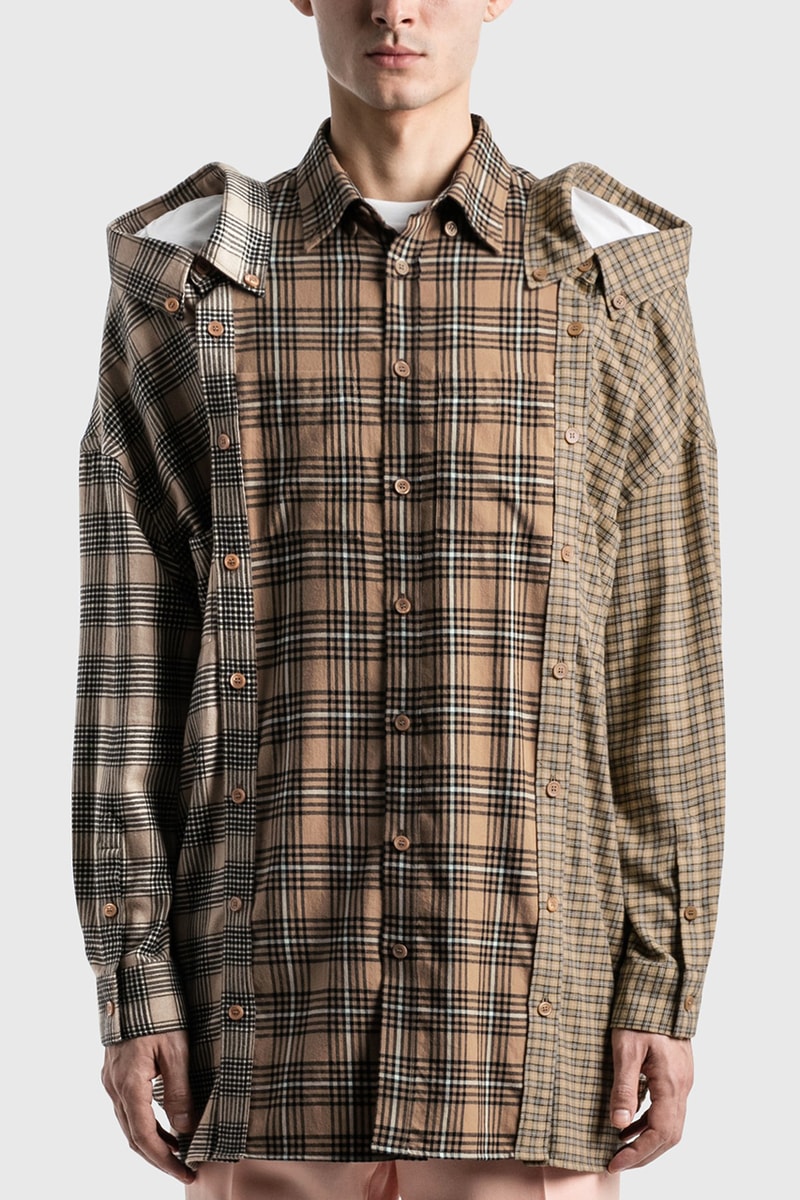 Burberry Contrast Nova Check Cotton Flannel Reconstructed Shirt Riccardo Tisci HBX Shirts FW20 Fall Winter 2020 Three Heads Collars Relaxed Fit Button Down Camel 