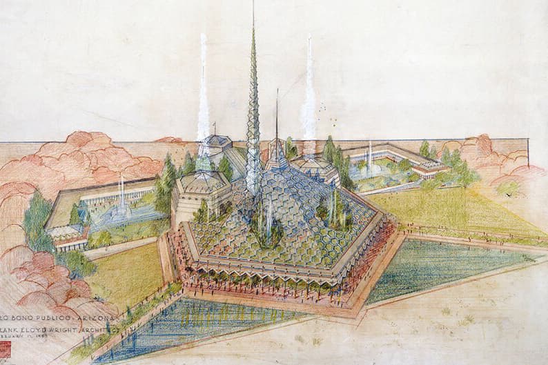 frank lloyd wright unbuilt oasis arizona capitol architecture design renderings visualizations
