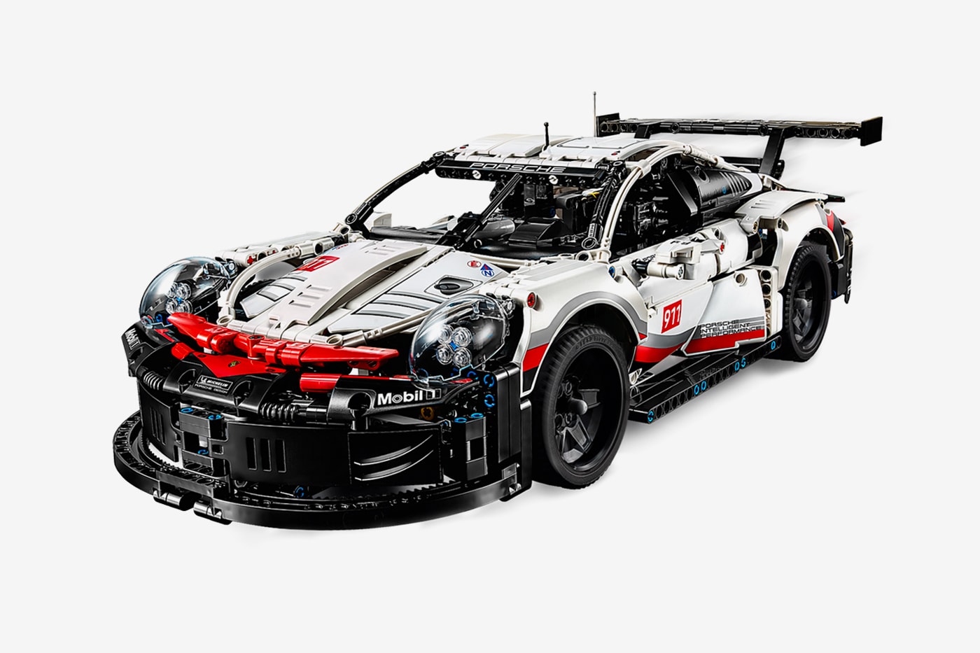 LEGO Technic 1580 Piece Porsche Design 911 RSR race car supercar vehicle model figures toys puzzle black red white 8 cylinder engine piston laguna seca