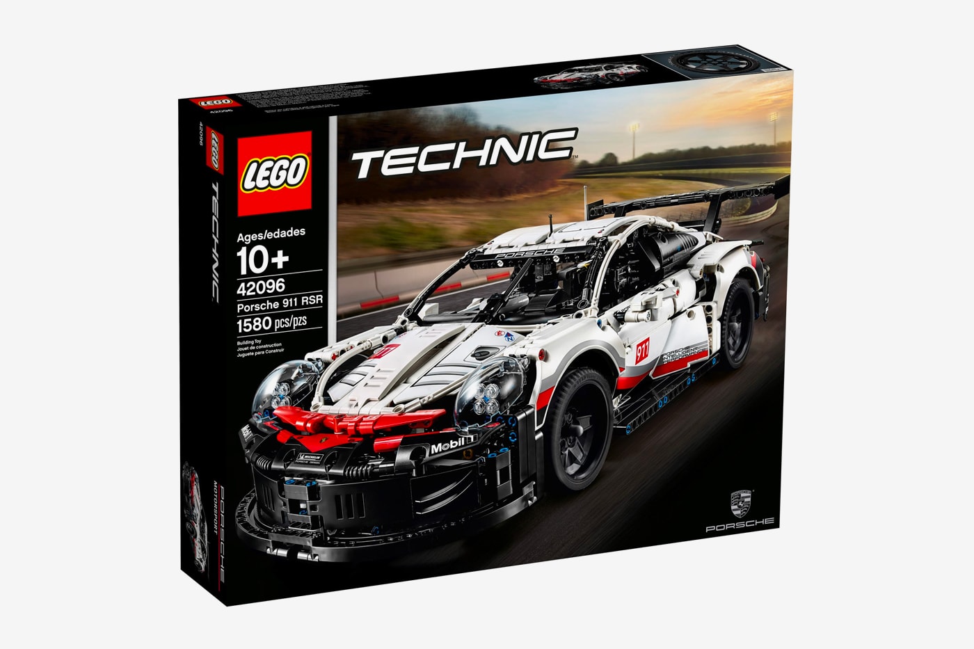 LEGO Technic 1580 Piece Porsche Design 911 RSR race car supercar vehicle model figures toys puzzle black red white 8 cylinder engine piston laguna seca